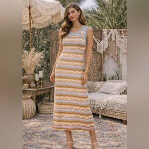 Willow & Wind Sleeveless Knit Maxi Dress 100% Cotton Blue Orange Green Medium